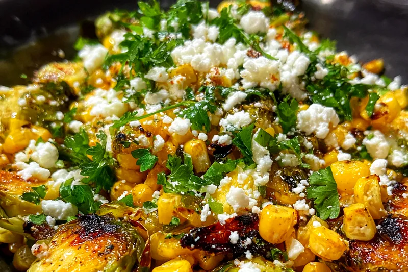 Fresh ingredients for Grilled Corn Brussels Sprouts