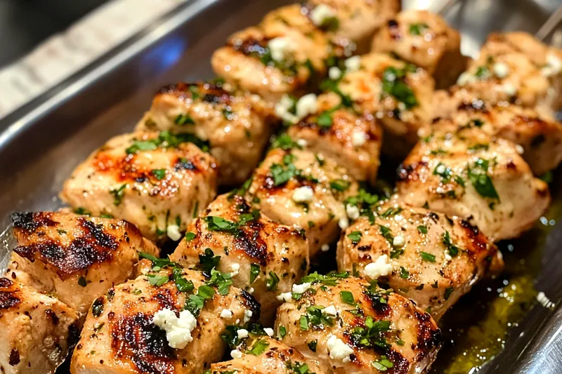 Tender Greek Chicken Skewers sizzling on the grill, showcasing perfect char and color