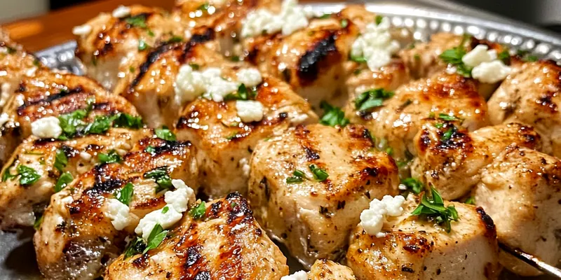 Deliciously grilled Tender Greek Chicken Skewers garnished with parsley and lemon wedges