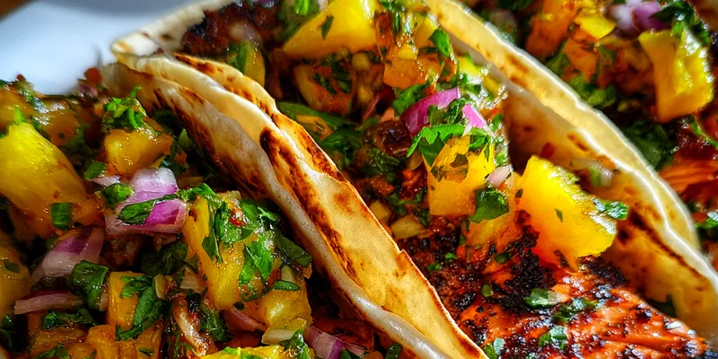 Delicious Grilled Salmon Pineapple Tacos served on a plate