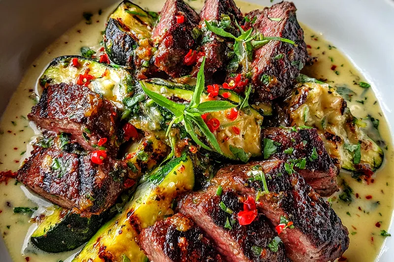 Cooking process for Grilled Steak with Creamy Zucchini