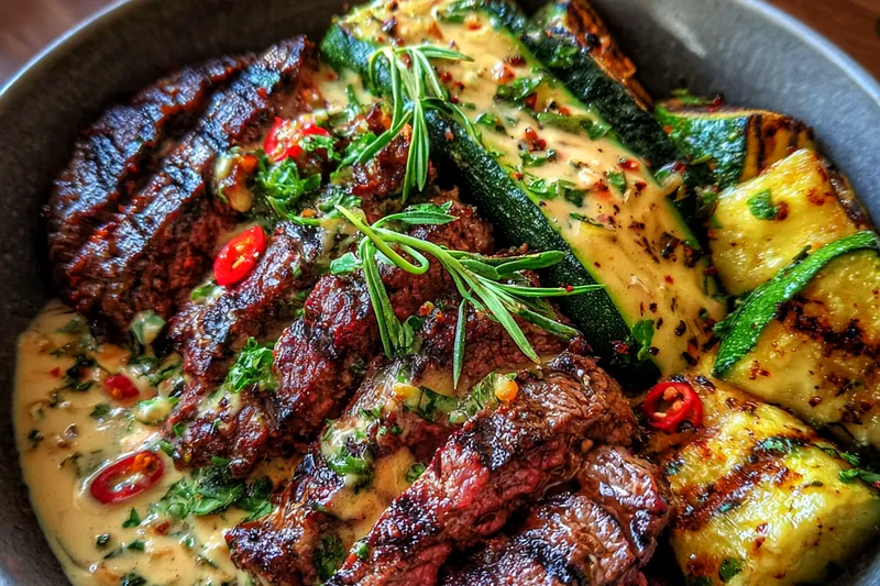 Fresh ingredients for Grilled Steak with Creamy Zucchini