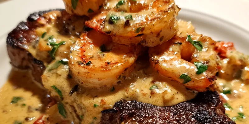 Delicious Grilled Steak with Shrimp Sauce served on a plate