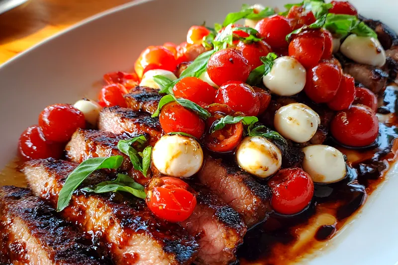 Cooking process for Grilled Steak with Caprese Topping