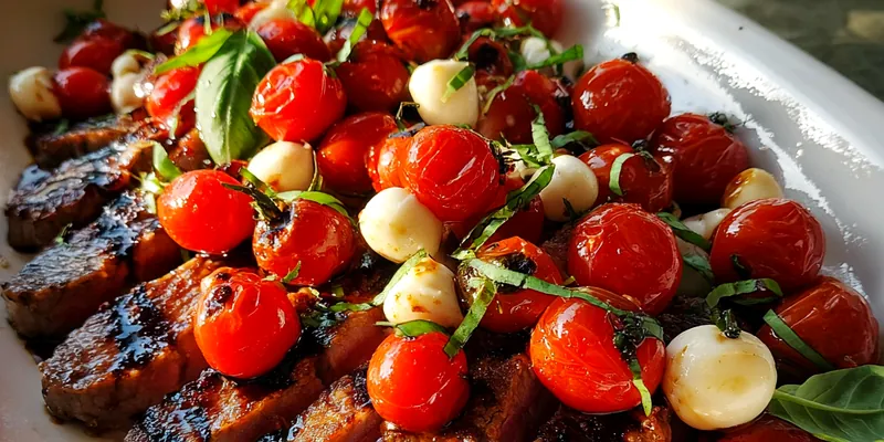 Delicious Grilled Steak with Caprese Topping served on a plate