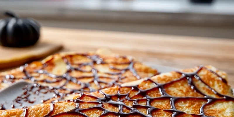 Halloween spiderweb crepe with intricate chocolate web design on a white crepe, served on a black plate with orange cream cheese filling peeking out