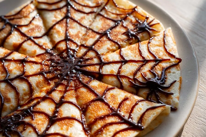Ingredients for Halloween Spiderweb Crepes arranged on a dark surface: flour, cocoa powder, eggs, milk, butter, chocolate chips, cream cheese, and seasonal decorations