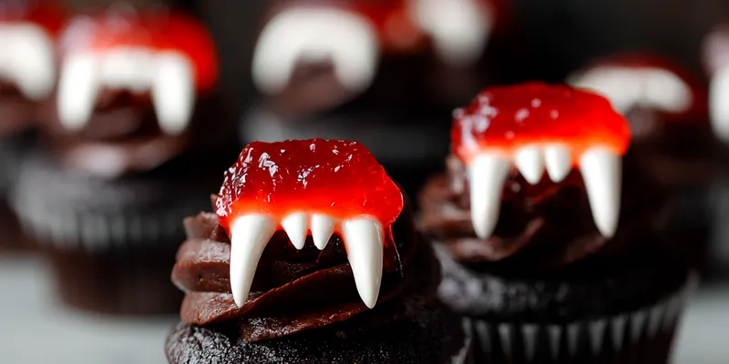 Chocolate cupcakes with white frosting, red 'blood' filling oozing from vampire bite marks, topped with plastic vampire teeth