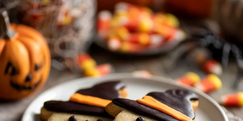 Decorated green Halloween witch cookies with chocolate witch hats and pretzel broomsticks arranged on a black platter with orange and purple Halloween decorations