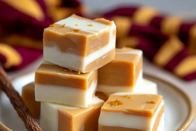 Flat-lay of Butterbeer Fudge ingredients organized in white ceramic bowls on marble surface, including butterscotch chips, white chocolate chips, butter cubes, brown sugar, marshmallow fluff, cream, and measuring spoons, with burgundy kitchen towel accent
