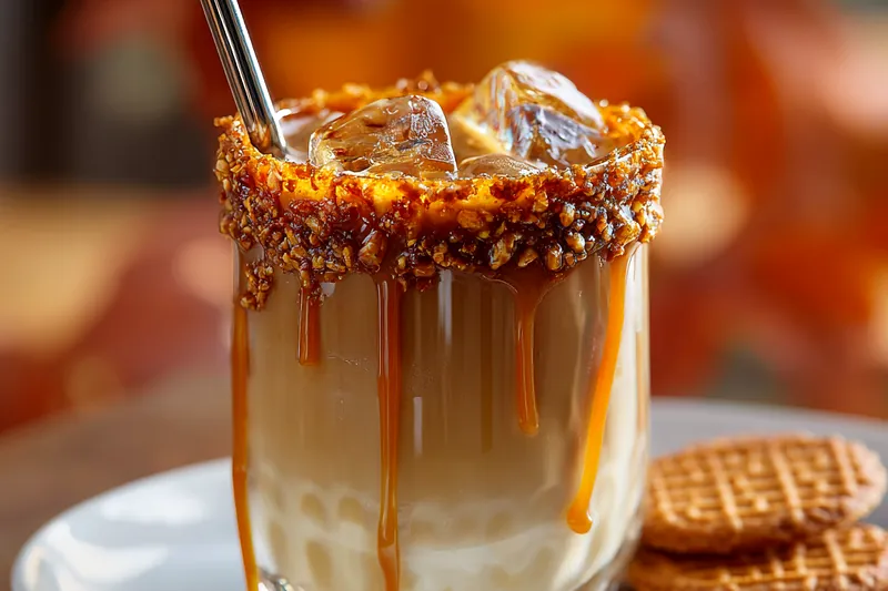 Overhead view of all ingredients for Haunted Toffee Crunch Iced Latte including espresso, caramel sauce, stroopwafel cookies, toffee bits, milk, and ice arranged on wooden board