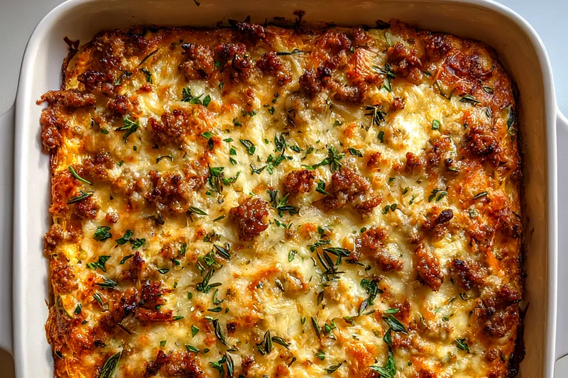 The cooking process of Healthy Turkey Zucchini Bake, showing layers of ingredients before baking.