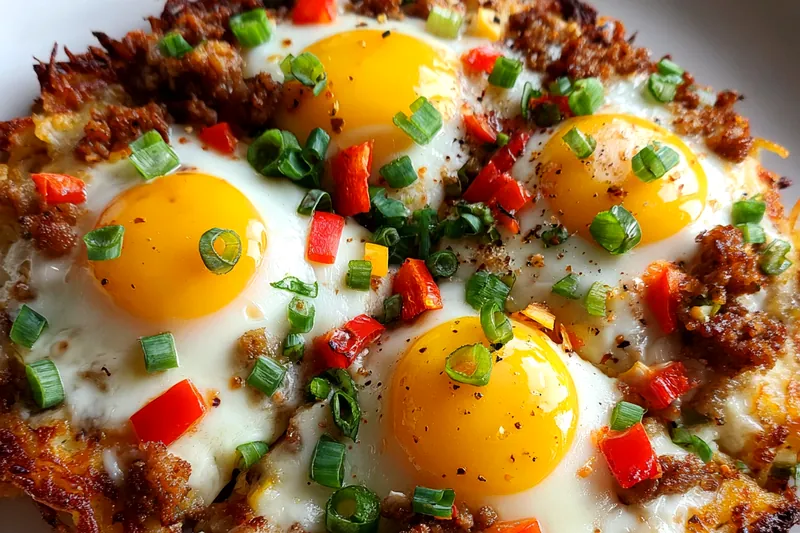 Showing the cooking process of Hearty Breakfast Hash Brown Pizza in a skillet, with ingredients sizzling.