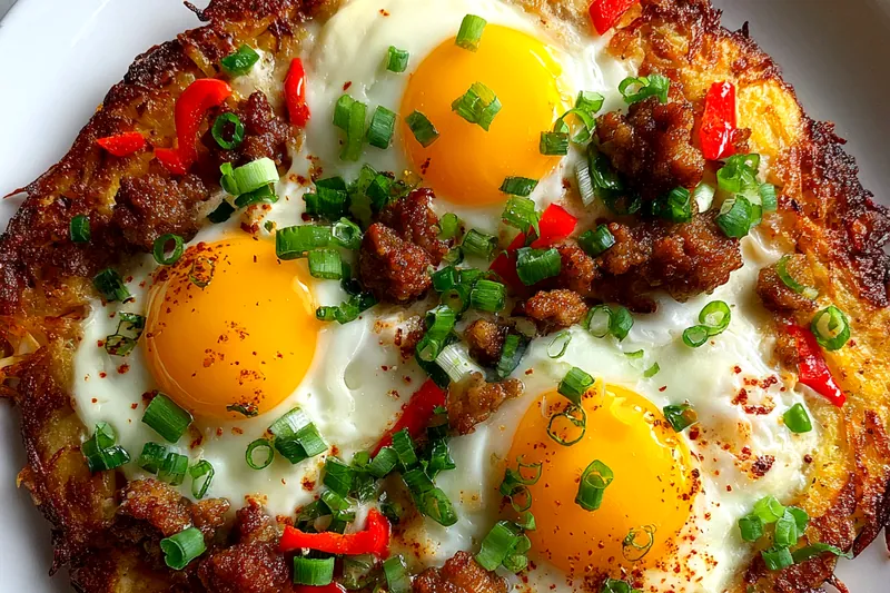 An assortment of ingredients for Hearty Breakfast Hash Brown Pizza including hash browns, eggs, cheese, and fresh vegetables.