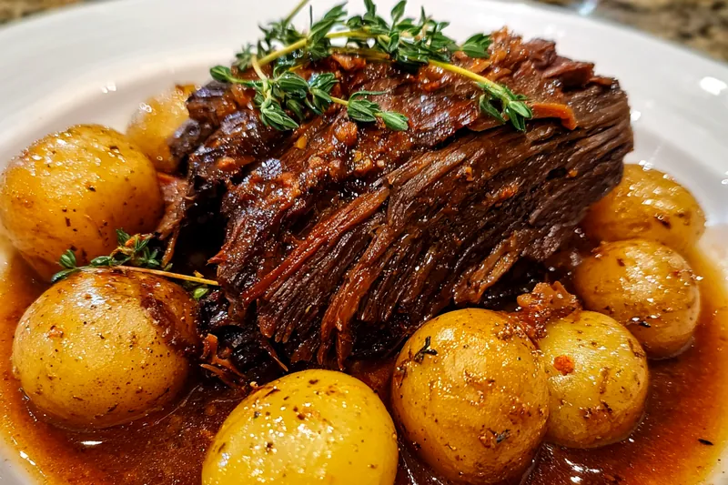 A colorful display of ingredients for Hearty Classic Pot Roast, including beef, vegetables, and spices arranged on a wooden table.