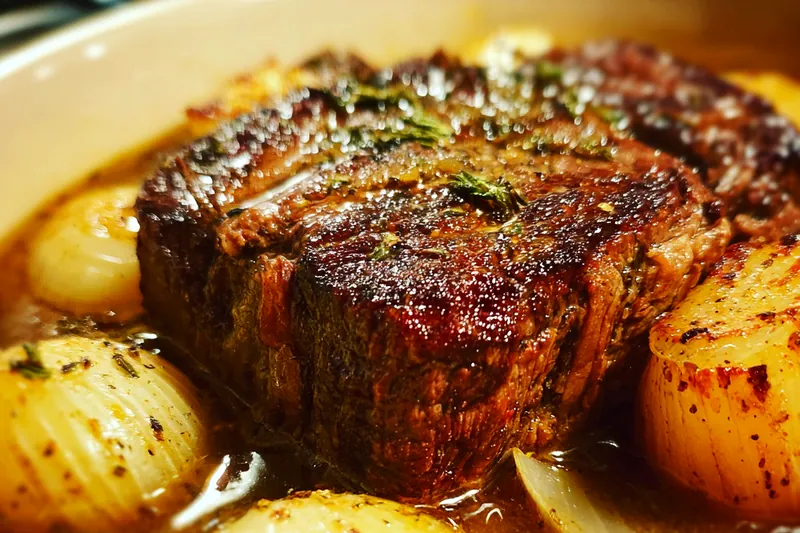 The pot roast simmering in a Dutch oven