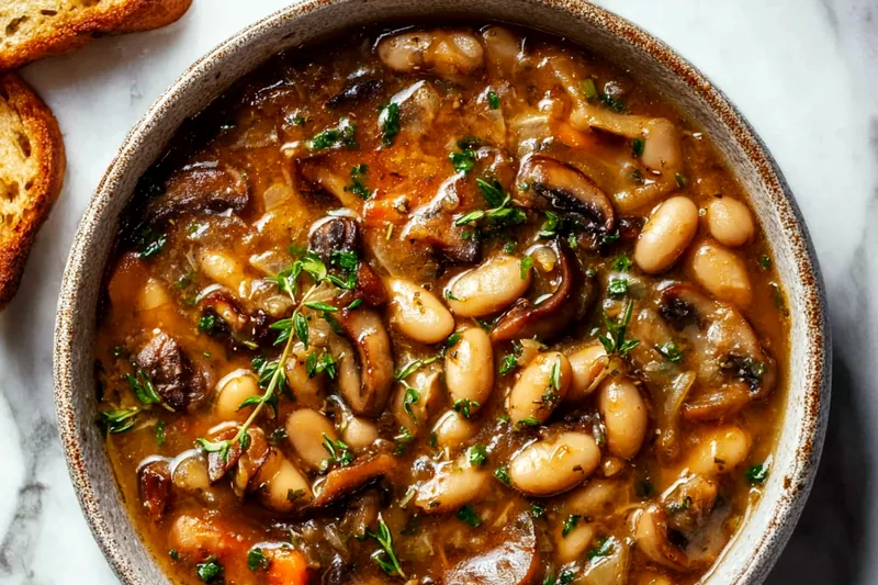 Process shot of white bean and mushroom soup simmering in a large pot with visible beans, caramelized mushrooms, and vegetables in rich golden broth, with a wooden spoon stirring