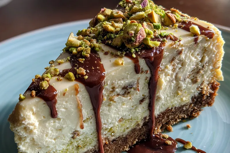 A close-up of the cheesecake baking in the oven, showcasing its creamy texture and golden-brown edges.