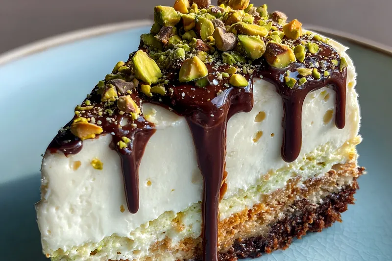 An assortment of quality ingredients for Pistachio Chocolate Cheesecake Delight, including cream cheese, pistachios, and chocolate.