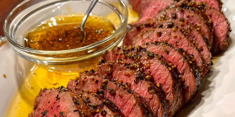 Perfectly cooked herb-crusted beef tenderloin sliced into medium-rare medallions, served with golden garlic butter sauce on an elegant white platter