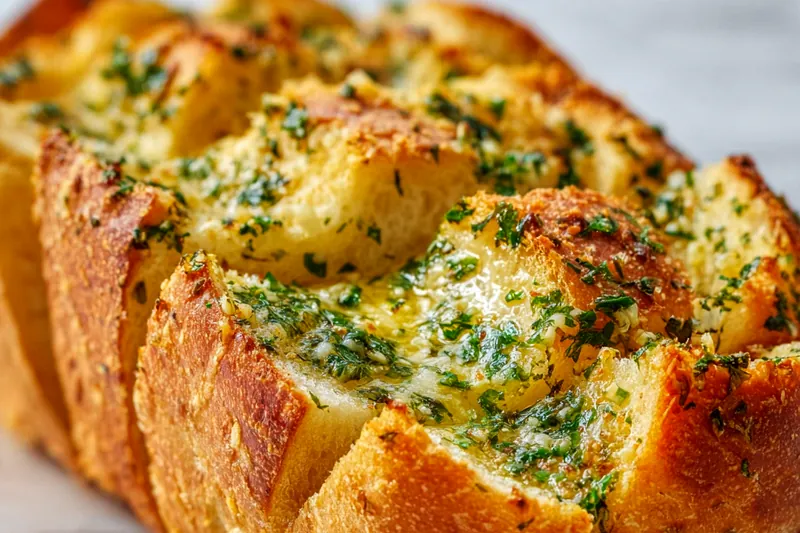 Herbed garlic bread slices being positioned in an overlapping diagonal pattern on a baking sheet, showing proper spacing and arrangement