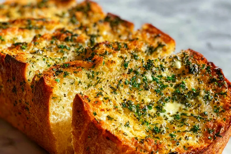 Fresh herbs, garlic cloves, softened butter, and sliced artisan bread arranged on a marble cutting board ready for positioning