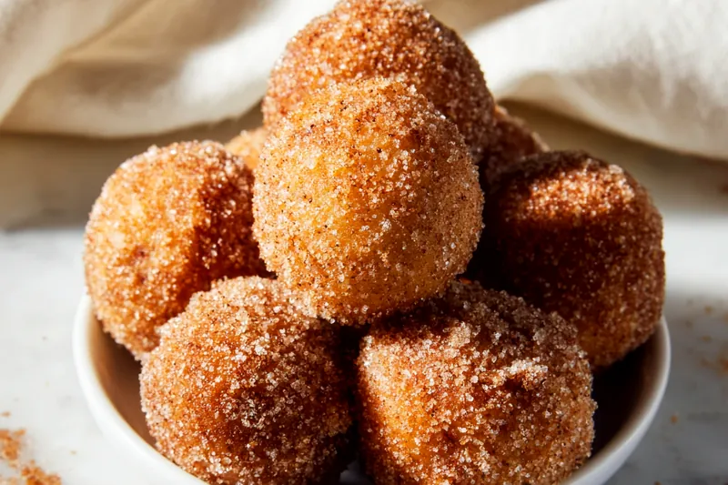 Action shot of golden donut holes frying in hot oil in a cast iron pot, bubbles surrounding them, wooden spoon ready to flip them, showing perfect golden-brown color