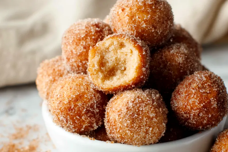 Overhead view of ingredients for donut holes arranged on a white marble surface: bowls of flour, sugar, eggs in a carton, measuring spoons with cinnamon and nutmeg, glass of milk, and melted butter