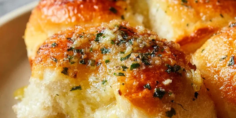 Golden-brown homemade garlic bread rolls with herb butter glaze, fresh herbs, and coarse salt on a rustic wooden board