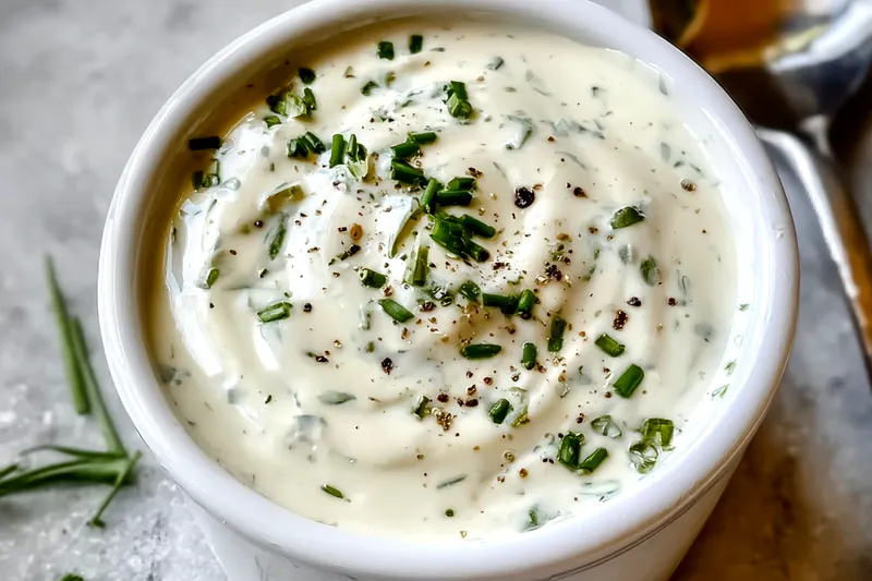 Ingredients for ranch dressing arranged on white marble including fresh herb bundles of chives, dill and parsley, a bowl of mayonnaise, container of sour cream, glass of buttermilk, garlic cloves, and small bowls of spices