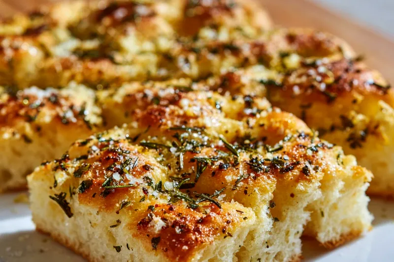 Close-up of hands pressing fingertips into focaccia dough in a baking pan, creating deep dimples, with olive oil pooling in the indentations and fresh rosemary visible, natural kitchen lighting