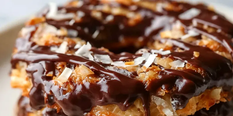Stack of homemade Samoa cookies with golden caramel coconut coating and dark chocolate drizzle, artfully messy arrangement on a rustic wooden board