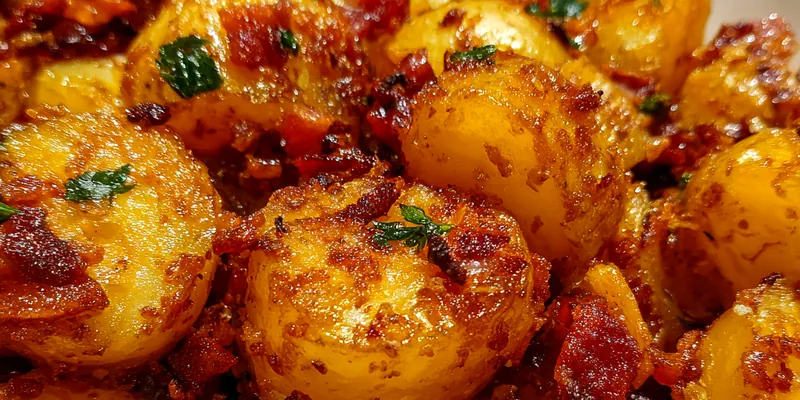 Delicious Honey Bacon Roasted Potatoes served on a plate