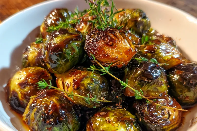 A colorful array of fresh Brussels sprouts prepared for cooking, with honey and other ingredients on display.