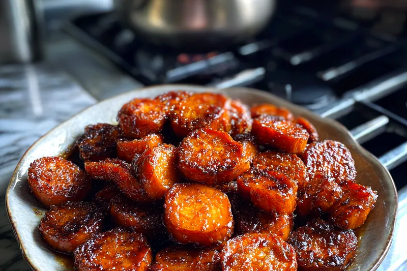 Sweet potato rounds arranged on a parchment-lined baking sheet being brushed with golden honey butter glaze, with visible thyme leaves and a pastry brush in the frame