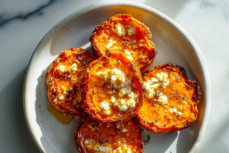 Overhead view of recipe ingredients arranged on a wooden cutting board: two large sweet potatoes, a small bowl of melted honey butter, crumbled feta cheese in a white dish, fresh thyme sprigs, and small bowls of spices