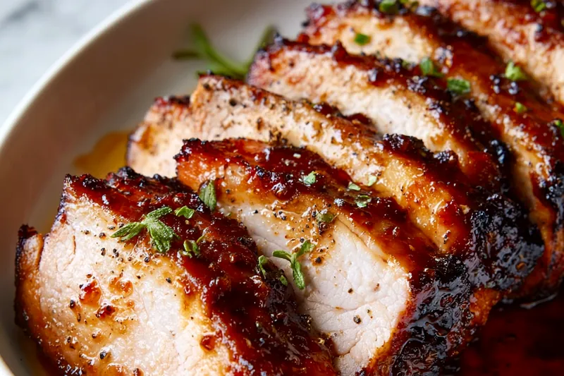 Overhead shot of ingredients for honey garlic pork arranged on marble countertop: raw pork tenderloin, bottle of honey, soy sauce, fresh garlic cloves, ginger root, small bowls of spices, olive oil, and fresh rosemary sprigs