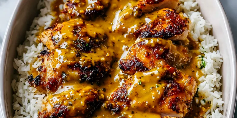Golden honey mustard glazed chicken breasts served over fluffy white rice, garnished with fresh herbs and green onions on a white dinner plate