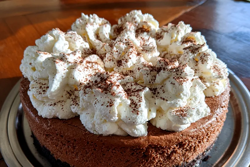 A well-arranged selection of ingredients for Decadent Hot Cocoa Cheesecake on a wooden table.