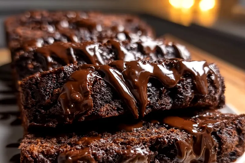 Hot fudge brownie bread batter being swirled with rich chocolate sauce in a loaf pan, showing the marbled effect