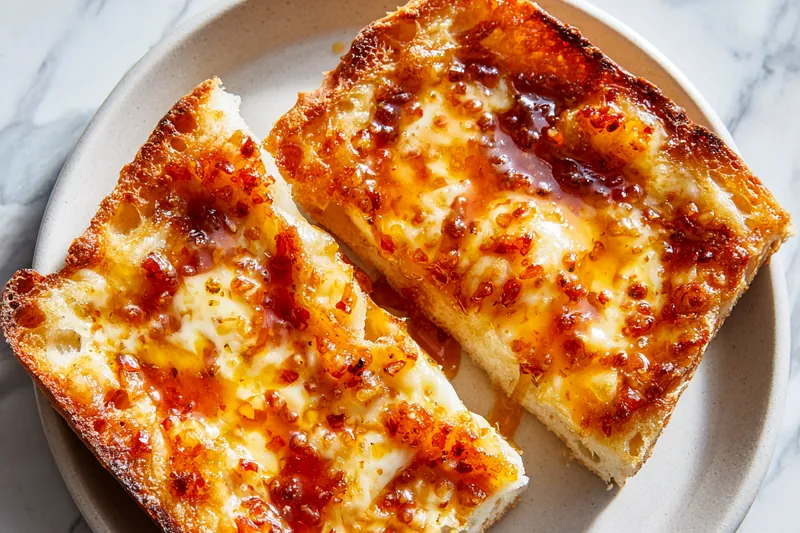 Overhead view of recipe ingredients on a white marble counter: stick of butter, honey in a small bowl, fresh garlic cloves, red pepper flakes in a dish, shredded mozzarella and Parmesan cheese in bowls, fresh parsley bunch, and a long French bread loaf