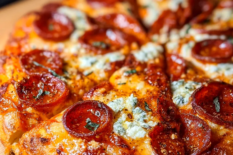 Hot honey pepperoni ricotta pizza baking in the oven showing the golden crust, bubbling cheese, and crispy pepperoni edges