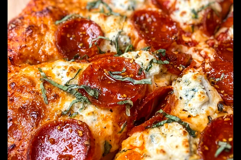Fresh pizza ingredients including pizza dough, ricotta cheese, pepperoni, honey, red pepper flakes, and fresh herbs arranged on a marble countertop