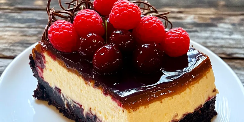 A luxurious slice of Indulgent Black Forest Cheesecake topped with cherries and chocolate shavings