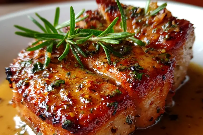 Organized ingredients for maple Dijon pork including two pork tenderloins, maple syrup bottle, Dijon mustard jar, fresh thyme sprigs, and measuring spoons on a marble countertop