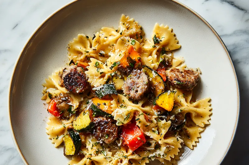 Overhead flat lay of ingredients on white marble: raw Italian sausage links, dry farfalle pasta, fresh zucchini and yellow squash halves, bright red bell pepper, fresh basil leaves, garlic cloves, block of Parmesan cheese, small bowls of olive oil and seasonings