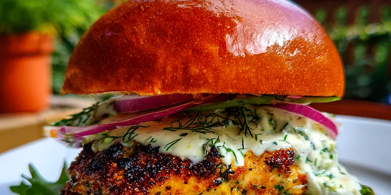 A beautifully plated Greek Chicken Burger Delight with fresh vegetables and tzatziki sauce, garnished with herbs.