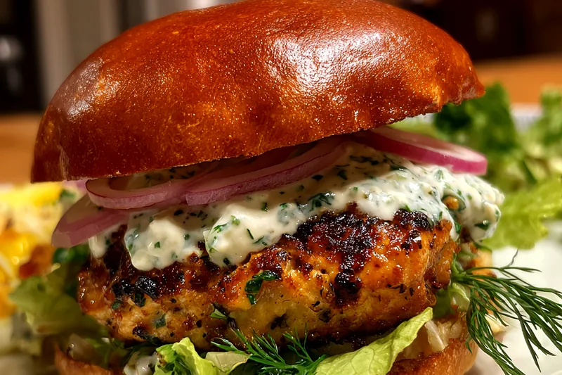 An array of fresh ingredients including chicken, herbs, and vegetables for Greek Chicken Burger Delight.