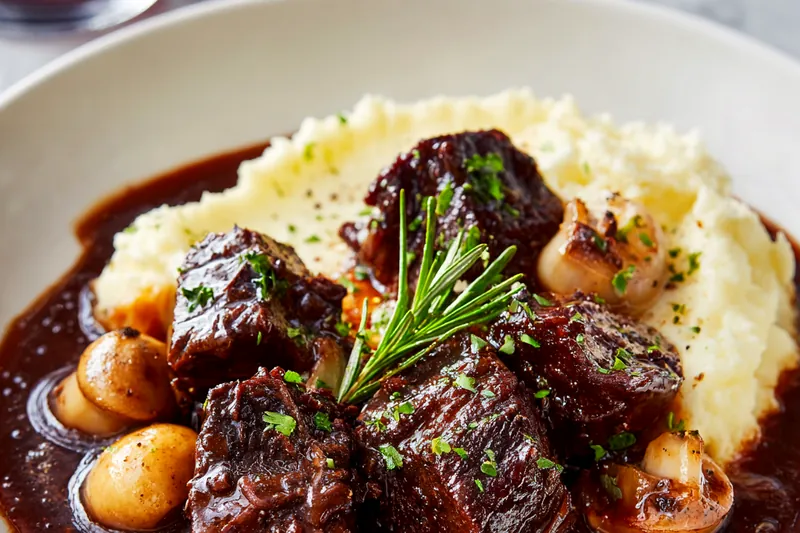 Step-by-step process of making Beef Bourguignon showing browned beef cubes in Dutch oven, vegetables being sautéed, and rich burgundy sauce coming together