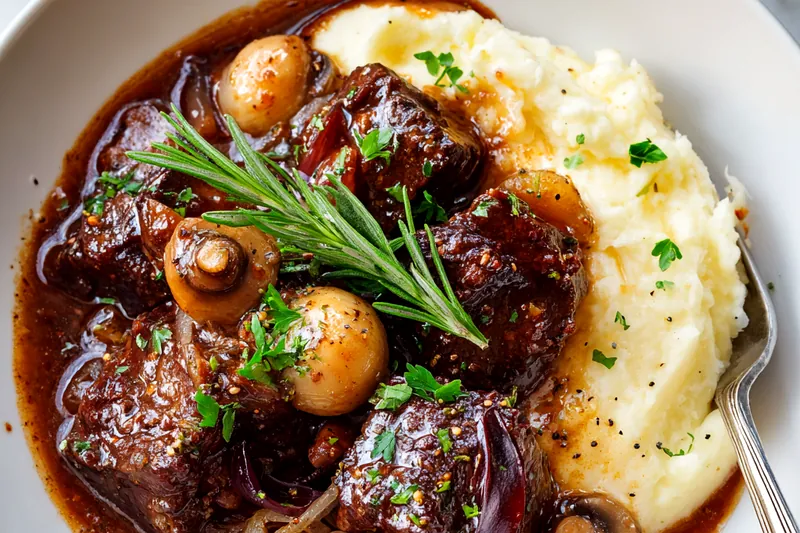 Overhead view of all Beef Bourguignon ingredients arranged on marble surface: raw beef cubes, chopped bacon, pearl onions, sliced carrots, quartered mushrooms, garlic, fresh herbs, wine bottle, and measured spices